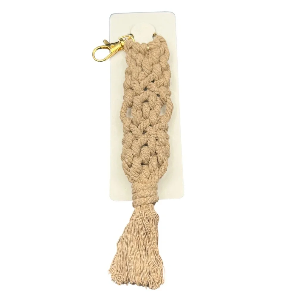 Handmade Style Keychain Tassel Bag‎ Charm Gold Tone Clip Neutral Tan